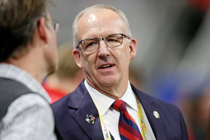 SEC commissioner Greg Sankey talks before the 2022 Peach Bowl between the Georgia Bulldogs and the Ohio State Buckeyes at Mercedes-Benz Stadium.